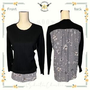 LOFT Women Sweater Small Black Ann Taylor Faux Layered Long Sleeve Crew Neck